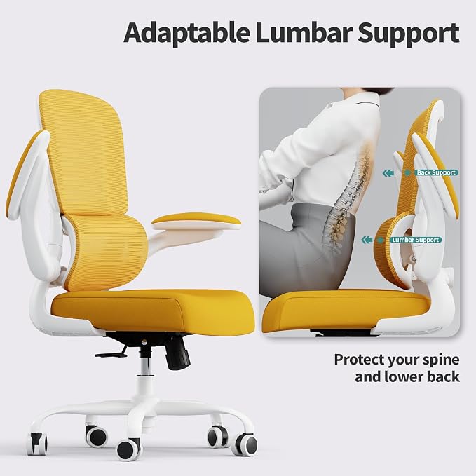 TRALT Office Chair - Ergonomic Desk Chair with Adjustable Lumbar Support, Mesh Computer Chair, Executive Chairs for Home Office Comfortable Lumbar Support (White Yellow)
