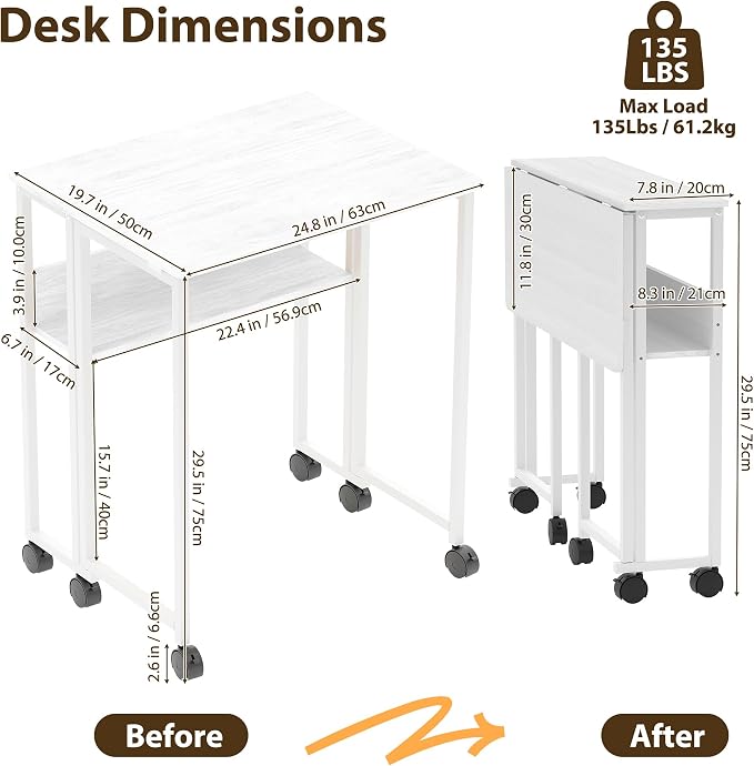 Folding Desk with Storage Shelf, 24.8 Inch Foldable Computer Table with Wheels for Small Spaces,Space Saving Sofa Table for Couch, Rolling Writing Work Office Computer Desk, Easy to Fold,White