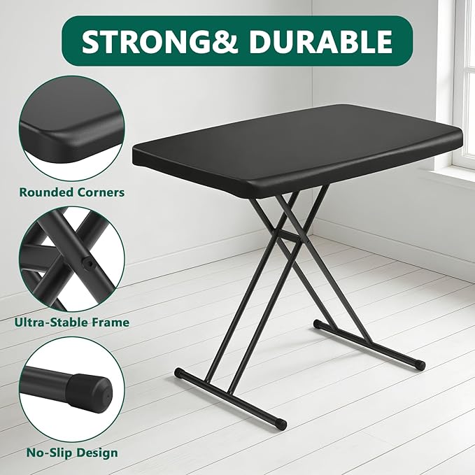 30 Inch Folding Table Set of 2, Adjustable Height TV Tray for Small Spaces, Heavy Duty Foldable Utility Table for Laptop, Dining, Camping, No Assembly, 200 lbs Capacity, Black Granite