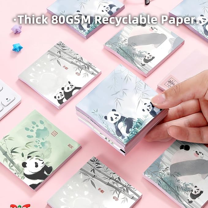 Panda 4-Pads 3x3 inch Sticky Notes Set, Cute Memo Pads with High-Adhesive, Pretty Self-Stick Notes, Reusable & Tearable for Journal Planners Office School Home, Bulk Cute Stationery Gift