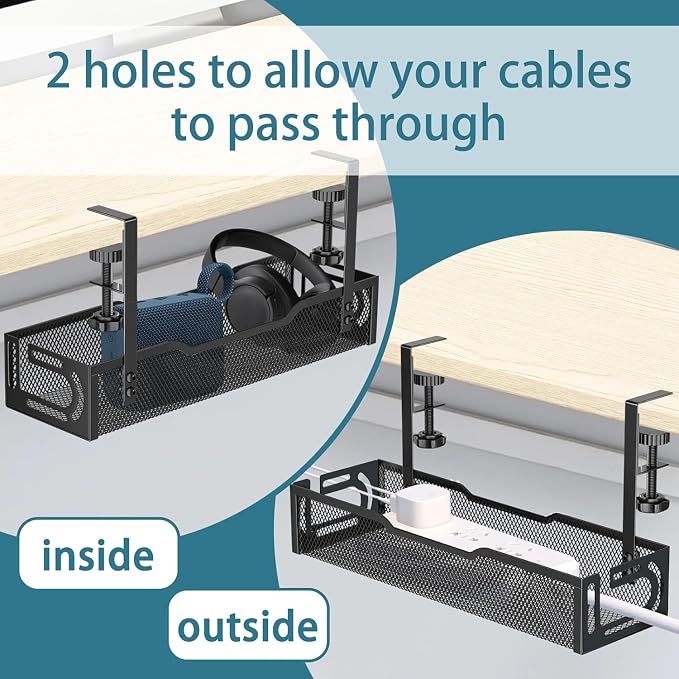 2Pack Under Desk Cable Management Tray, No Drill Mesh Desk Cable Tray | Wire Management Tray Cable Management Rack, Cord Organizer and Cable Management Box (Black)