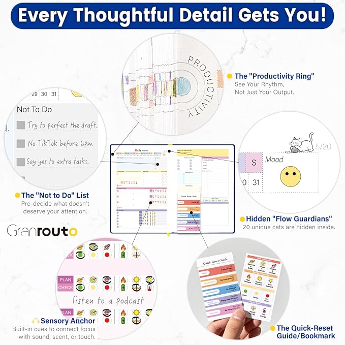 ADHD Planner for Adults – Undated Daily Executive Function Planner with Energy Task Management & Focus Tools, GRANROUTO B5 Hardcover Productivity Journal, Time Blindness & Neurodivergent Organizer