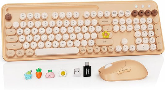 Wireless Keyboard and Mouse Combo, Retro Round Keycaps, Full-Size Typewriter Keyboard with Phone/Tablet Holder, Ergonomic Mouse with 3-Level DPI, 2.4GHz Connection for Windows/PC (Beige Colorful)