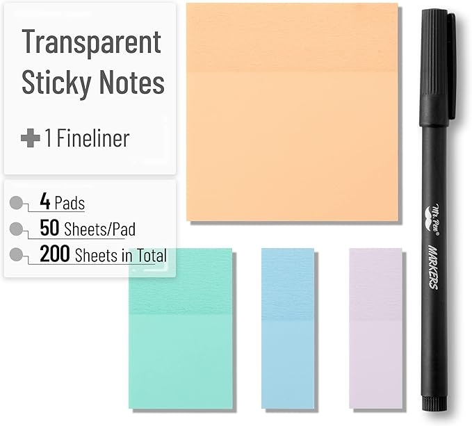 Mr. Pen Transparent Sticky Notes - 200 pcs, Pastel Colors, See Through, Bible & Book Annotation, Stocky Notes for Bible Journaling
