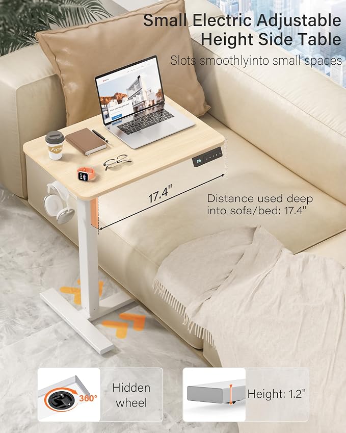 FiCiHi Electric Standing Desk with Wheels – Adjustable Height Mobile Sit-Stand Laptop Table, Portable Rolling Small Computer Workstation for Home Office & Bedside Use (24"x16", Maple)