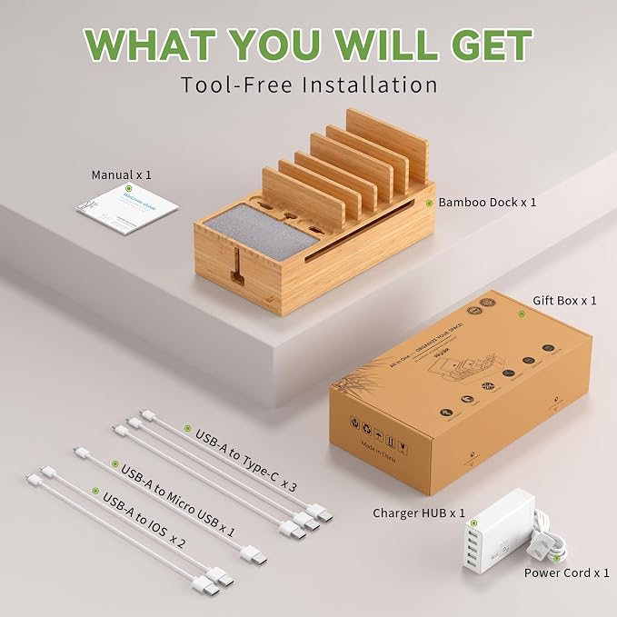 Pezin & Hulin Cell Phone Charging Station for Multi Devices-Natural Bamboo | All in One Desktop Charger Organizer, with Power USB Charge Adapter and 6 Cables, Use As Power Strip Hidden Box
