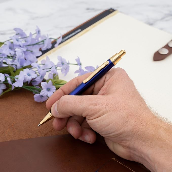 Dayspring Pens Monroe Blue Ballpoint Pen, Blue Lacquer with 18k Gold Trim, Click Action, All Metal, Medium Point Black Ink, Gift for Graduation, Birthdays, Career Advancement, Gift Box Included