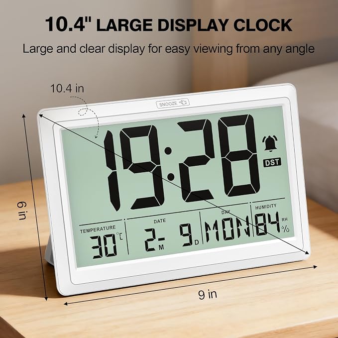 XREXS 10.4 Inch Digital Wall Clock Battery Operated Large Display Clock | Digital Calendar with Indoor Temperature/Humidity/Date/Day, Auto DST for Classroom, Livingroom, Office(No Backlight)(White)
