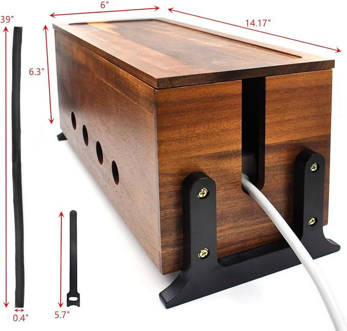 Large Wood Cable Management Box, Vintage Walnut Cord Organizer 14.1" | Hides power strips & TV wires, 14.1 x 6 x 6.3 inches,Ideal for home & office organization