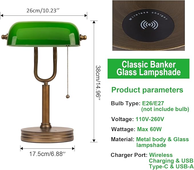 Green Glass Bankers Lamp, Retro Desk Lamp with USB Wireless Charging Port, Classic Pull Chain Switch Table lamp, for Home Office nightstand Bedside Study Desk Library
