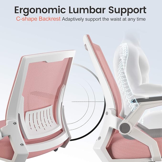 COMHOMA Office Chair with Flip-up Armrests Ergonomic Computer Desk Chair with Adaptive Lumbar Support & Breathable Mesh, Pink