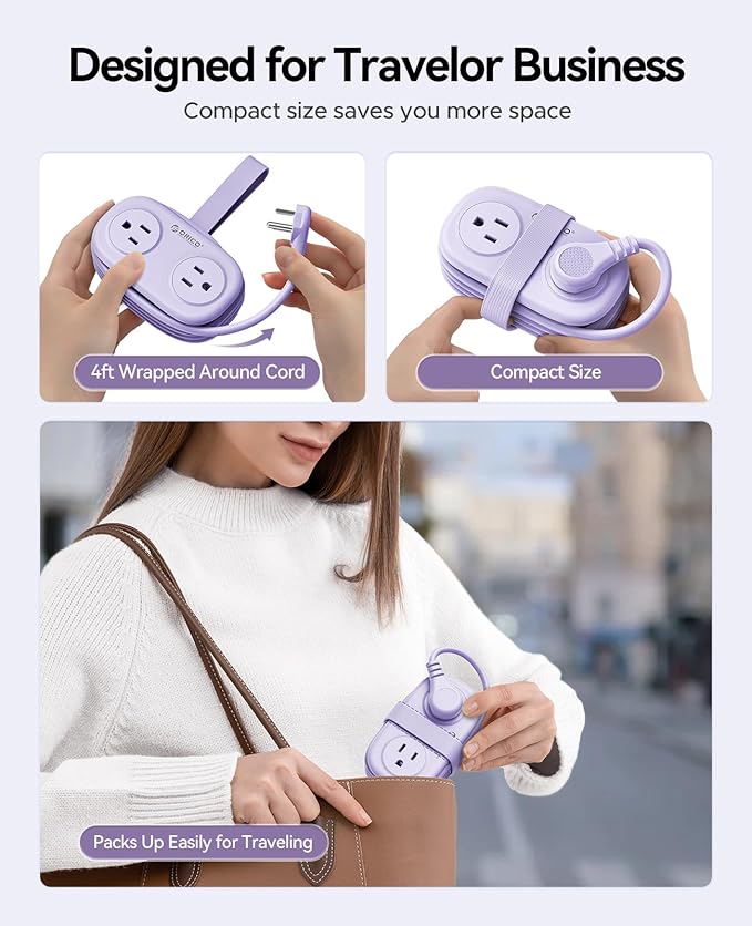 ORICO 4FT Purple Cruise Approved Travel Power Strip with 4 AC Outlets, 2 USB-A Ports, and 1 USB-C Port, 45° Flat Plug Extension Cord with Non Surge Protector for Travel/Dorm/Office ETL Listed -AP3