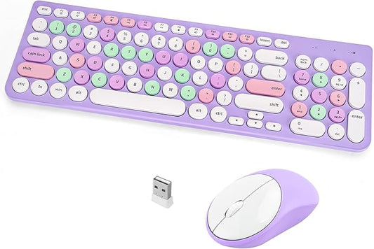 Wireless Keyboard and Mouse Combo, Retro Typewriter Keyboard with Round Keycaps, 2.4GHz USB Cute Wireless Keyboard Mouse for Computer, Desktop, Laptop (Purple Colorful)