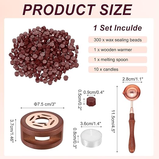 PATIKIL Wax Seal Kit, 300 Pcs Wax Sealing Beads, Wooden Warmer, Melted Spoon, 10 Pcs Tealight Candles for Envelope Letter Mailing Crafts DIY, Brown Red