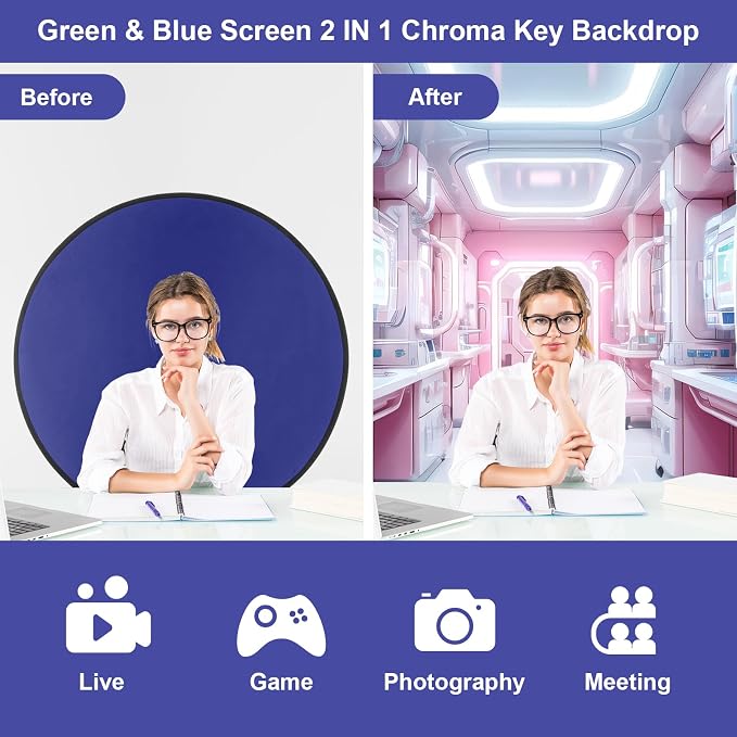 Cosmos 1 Pc Blue Screen Backdrop 43 in / 110 cm Diameter Foldable Portable Photography Background Green Screen Chroma Key Backdrop for Photography Photo Video Studio, Live Streaming, Video Meeting