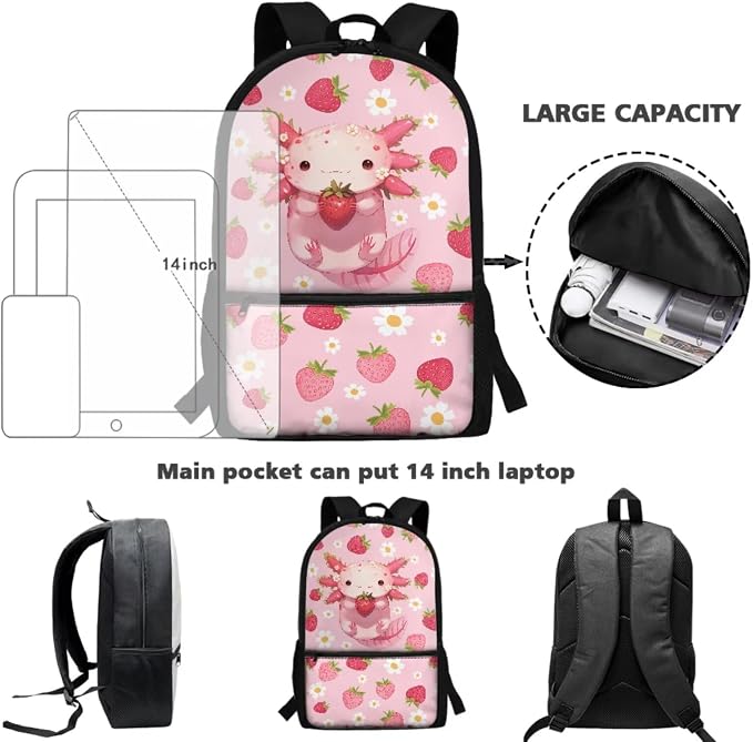 WELLFLYHOM Axolotl Girls Backpack Set 6-8 Kids School Book Bag Lunch Box Pencil Case Water Bottle Sleeve Strawberry Daisy Elementary Daycare Bag for School Back to School Gift