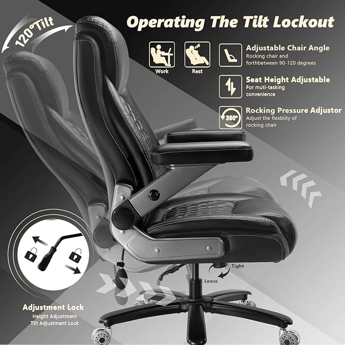 700LBS Large Heavy Duty Office Chair with 5D Flip Arms, Comfy Big and Tall Executive Office Desk Chair with Pocket Spring Cushion, High Back Computer Chair with Lumbar Support,Dual Rubber Wheel