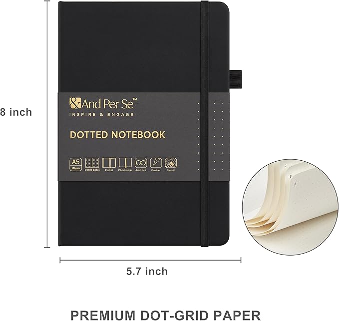 &And Per Se A5 Hardcover Dotted Notebook with 25+ Accessories - 6 Pens, Stickers, Stencils, Washi Tapes & Gift Box Included | Dotted Journal Kit for Beginners, Adults, Premium Gift Set (Black)