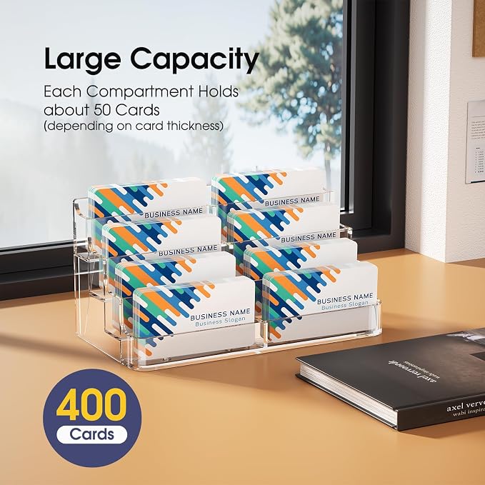 MaxGear 8 Pack Acrylic Business Card Holder, Card Display Stand, 8 Pockets | 4-Tier Freestanding Design, Clear Acrylic Construction, Fits Standard Business Cards for Reception, Office and Countertops