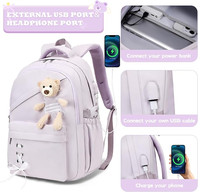 ACESAK School Backpack for Girls - 3 PCS Cute Girls Backpack with Lunch Box & Pencil Case - Kawaii Casual Kids Bookbag School Bag Daypacks Set for Elementary Middle High School Student Teens (Purple)