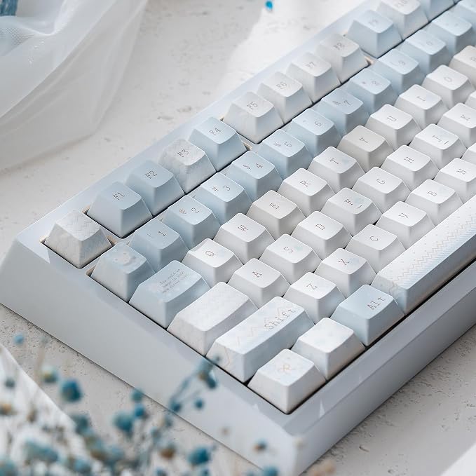 PBT Keycaps, Minimalist Blue Keycaps Set, 136 Keys Cherry Profile Keyboard Caps, Custom Dye-Sublimation Key Cap for 61/64/68/84/87/100/104/108 Cherry MX Mechanical Keyboards (Winter Letter)