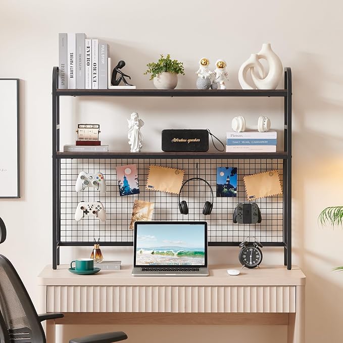 Desk Shelf, 45.3” Desktop Organizer Shelf with Grid Panel and Hooks, Desk Hutch for Computer Monitor, 2 Tier Desk Display Rack Wood Desktop Bookshelf Storage for Home Office Dorm
