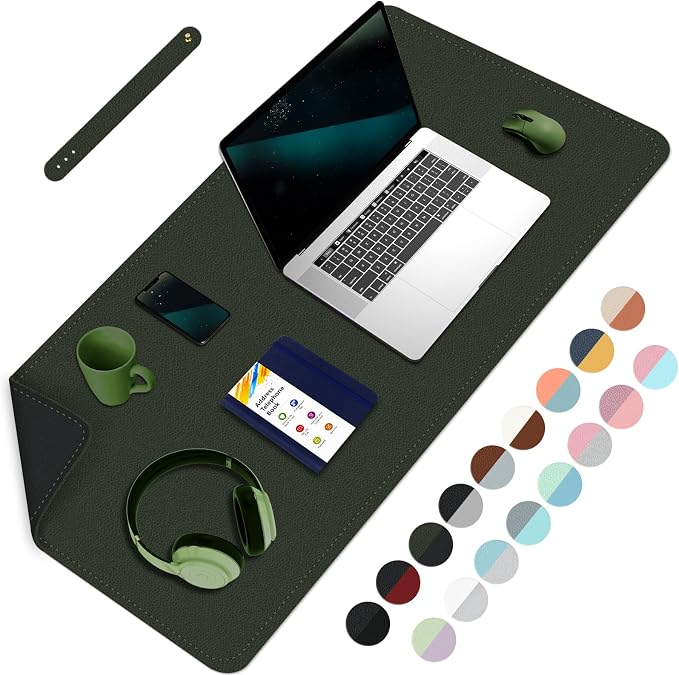 Double-Sided Office Desk Mat, Large Mouse Pad, Waterproof PU Leather Protective Pad, Laptop Desk Pad, Dual Use Cover Protector for Office/Home Keyboard (Dark Green+Black, 31.5''×15.8'')