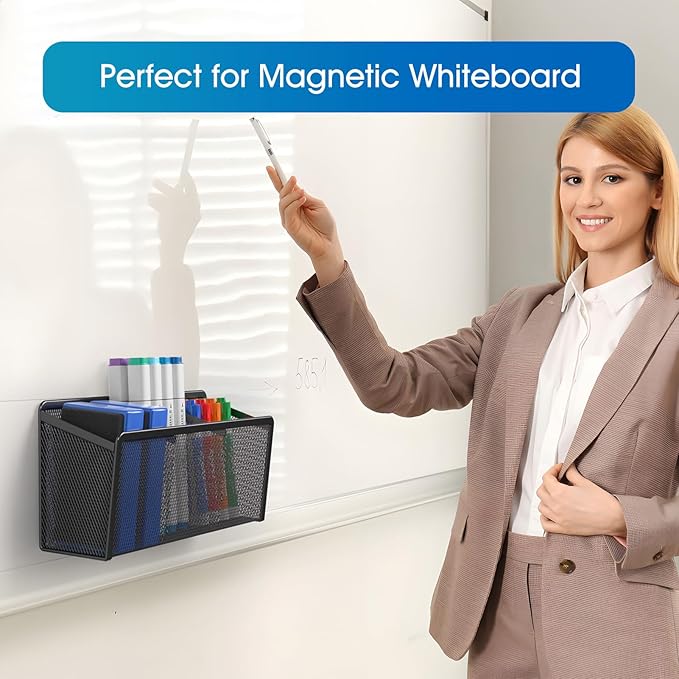 MaxGear Magnetic Pen Holder, Mesh Organizer Caddy, Pencil & Marker Storage for Desk, Extra Strong Magnets for Locker, Whiteboard, School & Office – 3 Baskets