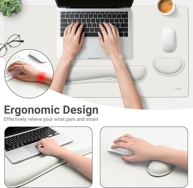 MOSISO Keyboard Mouse Pad Set, Gaming Mouse Pad&Keyboard Wrist Rest&Wrist Rest, Ergonomic Wristrests with Memory Foam Home Office Easy Typing Cushion Non-Slip Mousepad, Cloud Dancer White