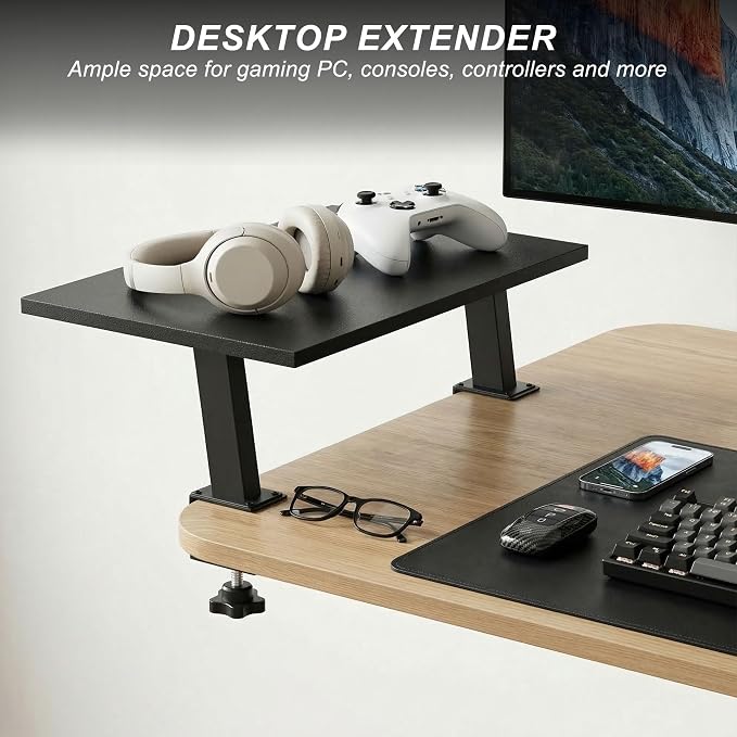 15-Inch Desktop Clamp-on Shelf & Monitor Riser, 2-in-1 Reversible Design – Fits Either Side of Desk, C-Clamp for Stability, Holds 44 lbs, for Gaming PC, Console & Office Setup