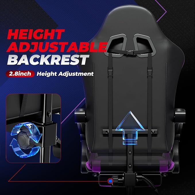 Auto Dynasty Ergonomic Gaming Chair, High-Back Office Chair w/Adjustable Lumbar Support, Linkage Armrest, Headrest & Footrest, 350LBS Recliner Swivel Computer Game Racing Chair, Purple/Black