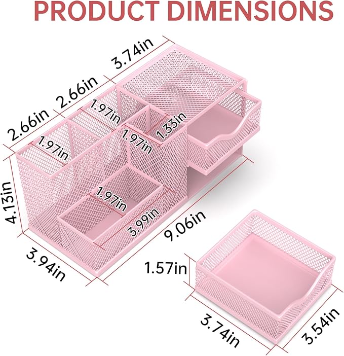 Mesh Desk Organizer, Pen Organizer with 2 Drawers and 5 Compartments, Versatile Pen Holder for Small Space, Desk Organizers and Accessories for School Office Supplies, Pink