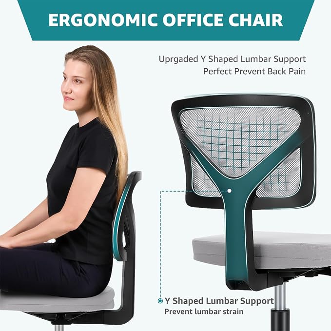 OLIXIS Armless Office Chair, Ergonomic Desk Chair with Wheels, Mesh Back, Removable Washable Foam Cushion, Height Adjustable Rolling Swivel Chairs for Small Space, Home, Office, Grey