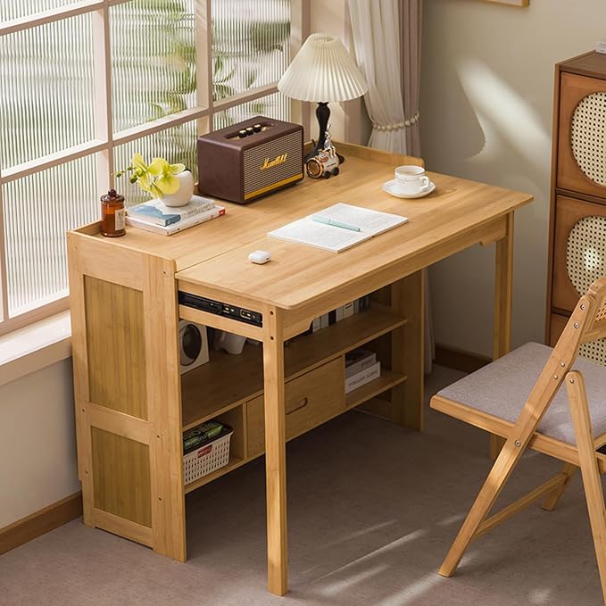 Bamboo Folding Desk with Bookshelf & Drawer, Small Foldable Computer Table, Wooden Space Saving Desks for Home Bedroom Study Office (Natural, 30.3″x27″x30.3″)