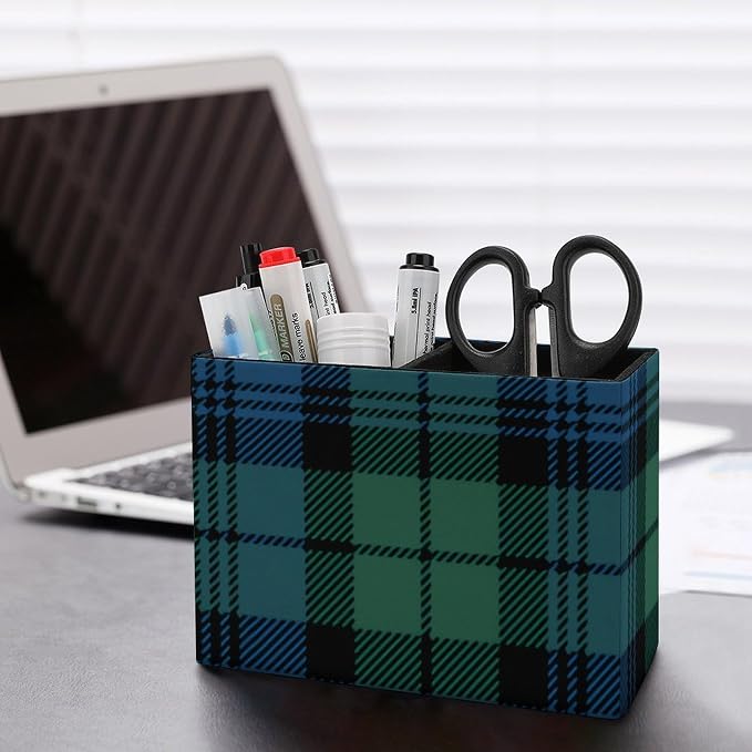 Green Blue Tartan PU Leather Pen Holder Desk Organizer, 2-Compartment Pencil Container for Office, Home, Vanity Use