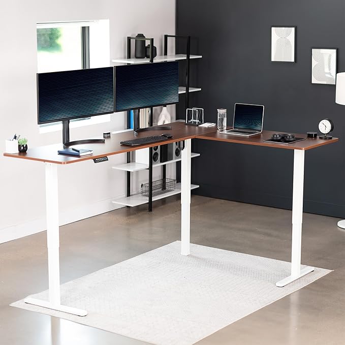 VIVO Corner Standing Desk, 84 x 63 inch Reversible L-Shaped Workstation, Electric Height Adjustment, Home, Office, and Reception Rooms, Dark Walnut Table Top White Frame, DESK-E3CTWD-84