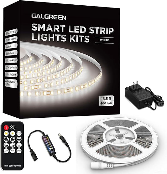 White LED Strip Lights, 16.4ft Dimmable Smart LED Light Strip 6500K Bright Daylight White, Strong Adhesive, 600 LEDs Flexible Tape Lights for Vantiy Mirror, Kitchen Cabinet, Bedroom