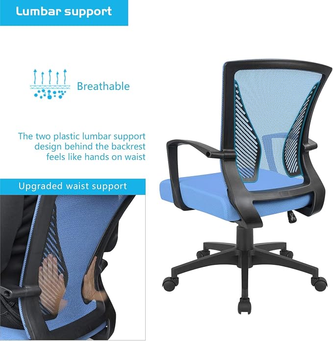 Furmax Office Chair Ergonomic Computer Desk Mesh Chair Mid Back Swivel Lumbar Support with Armrest (2, Blue)