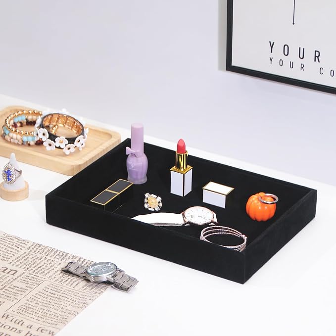 Bedside Organizer Tray, Desktop Storage Tray for Jewelry, Sunglass, Phone, Watch, Perfume,Lipstick, Nightstand Desk-top Catchall, Multi-use Holder Box for Desk Drawer (Black 1Grid)