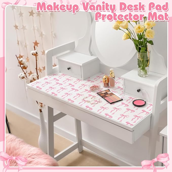 Teenyyou Coquette Bow Makeup Mat for Vanity Top Protector Back to School Gift 31.5" X15.7" Dual Side Leather Desk Mouse Pad Girly Waterproof Nonstick Dressing Vanity Cover for Women Home Office