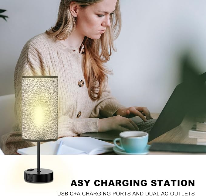 Table Lamp for Bedroom with Touch Control,Bedside Lamp with USB C+A Charging Ports& AC Outlets, Adjustable 3color LED Light for Home Decor/Nightstand/Bedroom/Office,Included Bulb and Fabric Lamp Shade