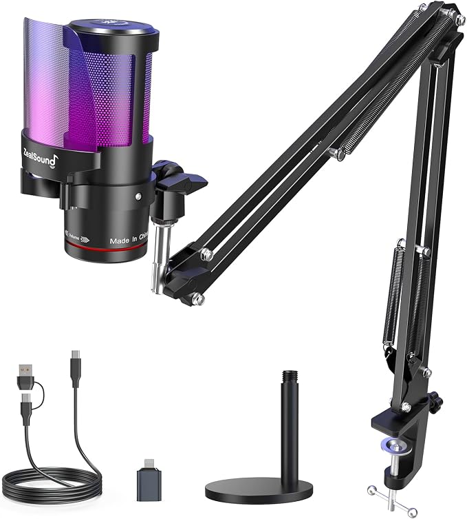 ZealSound Gaming Microphone for PC/Mac/iPhone/Phone – 192kHz/24-bit Podcast Mic with Noise Reduction, Tap-to-Mute, Gain, Monitoring, Boom Arm, Pop Filter, RGB Lighting for Streaming, Gaming, Recording