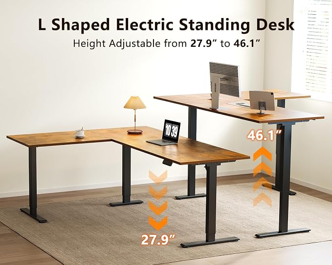 Casaottima 71 Inch Reversible Electric L Shaped Standing Desk, Height Adjustable Corner Stand up Desk, Ergonomic Large Lift Table for Home, Office, Workstation, Reception Room, Rustic Brown