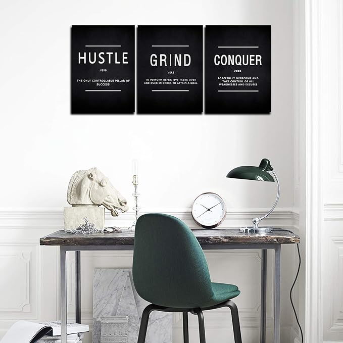 KAWAHONE Success Quotes Wall Art, Grind Hustle Conquer Motivation Wall Poster Framed Positive Sayings Wall Hanging Inspirational Quotes for Home Office Workplace - 20x28inx3pcs