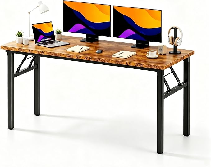 sogesfurniture Foldable Computer Desk 62 inches, Retro Large Folding Sturdy Laptop Workstation Table for Home Office, No Assembly Portable Study Writing Gaming Desk for Small Spaces, Rustic Brown