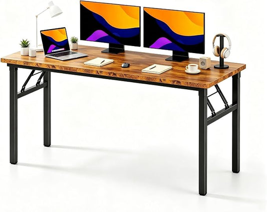 sogesfurniture Foldable Computer Desk 62 inches, Retro Large Folding Sturdy Laptop Workstation Table for Home Office, No Assembly Portable Study Writing Gaming Desk for Small Spaces, Rustic Brown