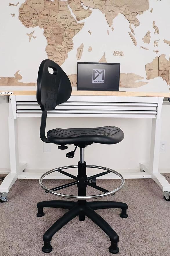 Heavy Duty Durable Drafting Stool - Easy to Clean! Ergonomic Polyurethane Chair. Seat Height Adjustable w/Footring for Home, Automotive, Lab, Cleanroom (Non-Rolling Glides, Tall Stool).