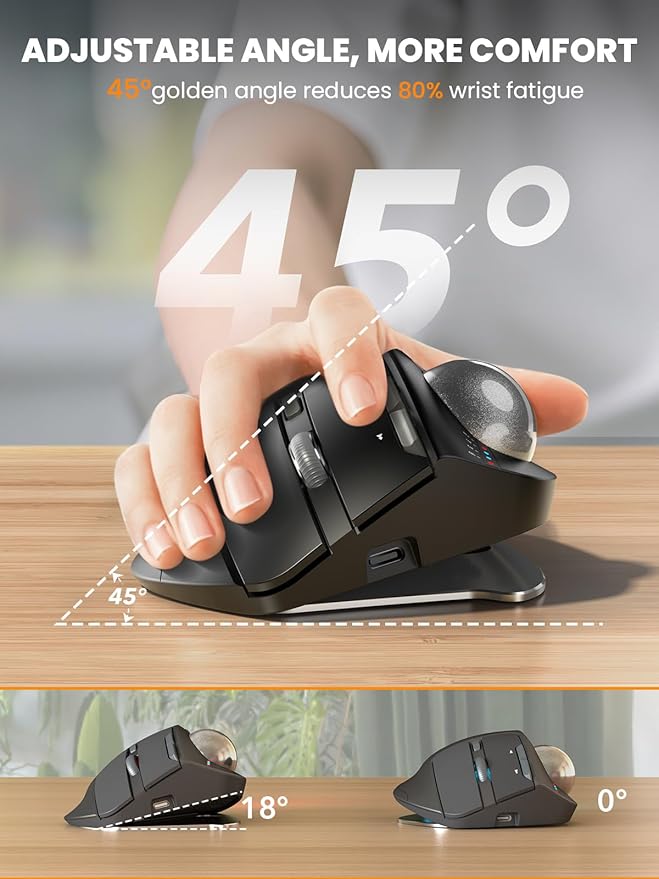 SABLUTE Wireless Trackball Mouse, Hard Travel Case (Include) Ergonomic Bluetooth Rechargeable Computer Mouse, Laptop mice with 5 Level DPI, Adjustable Angle, 3 Devices Connection for PC, Mac, Windows