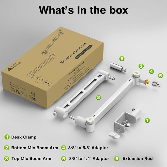 AA AUDIO ACCESSORY White Boom Arm Low Profile (Design for Heavy Mic) 6.6lbs Load Capacity, Gear Lock Structure Never Sags, Metal Microphone Stand Desk Mount for Shure SM7B MV7+, Blue Yeti, Rode PodMic