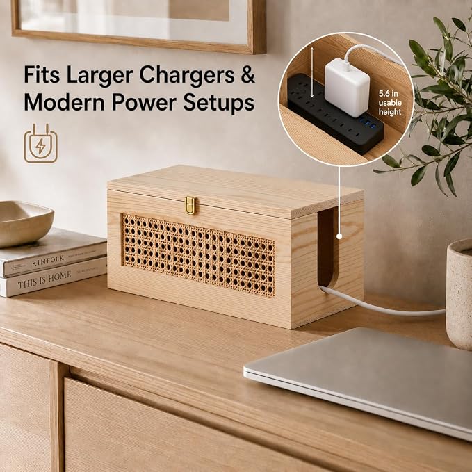 Wood Cable Management Box - 15 x 6.5 x 6.3 in - Power Strip Cord Organizer